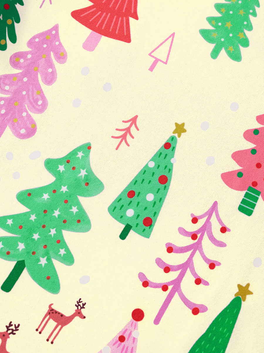 Light yellow Christmas tree print pajama set with festive holiday trees and reindeer.