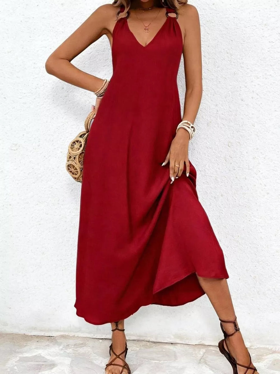 Red halter-detail midi dress with a-line cut and v-neck