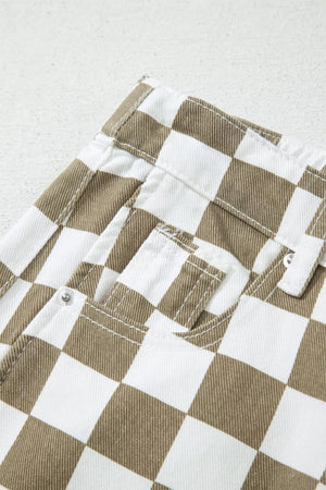Maternity barrel pants in brown and white checkered denim with visible pockets and stitching.