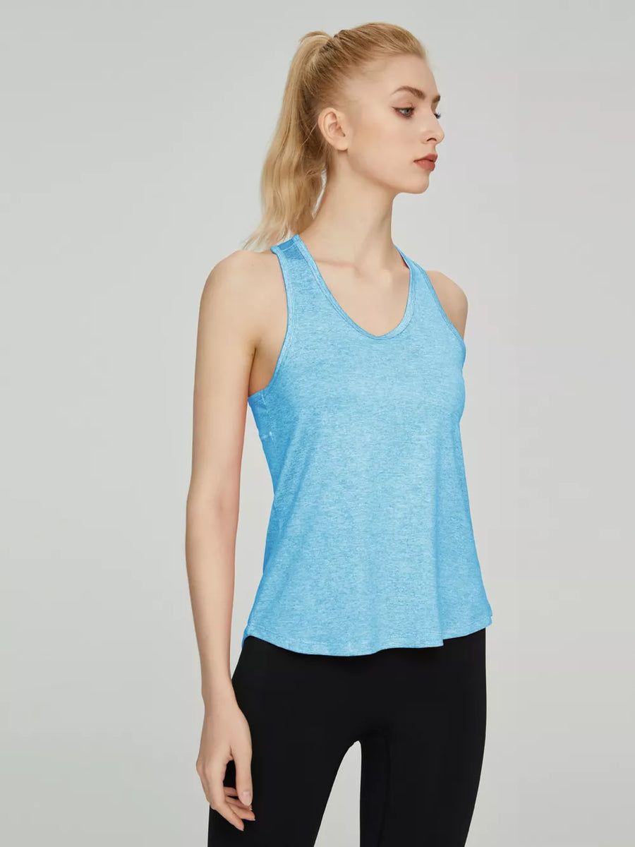 Blue heathered athletic tank top with scoop neck and racerback