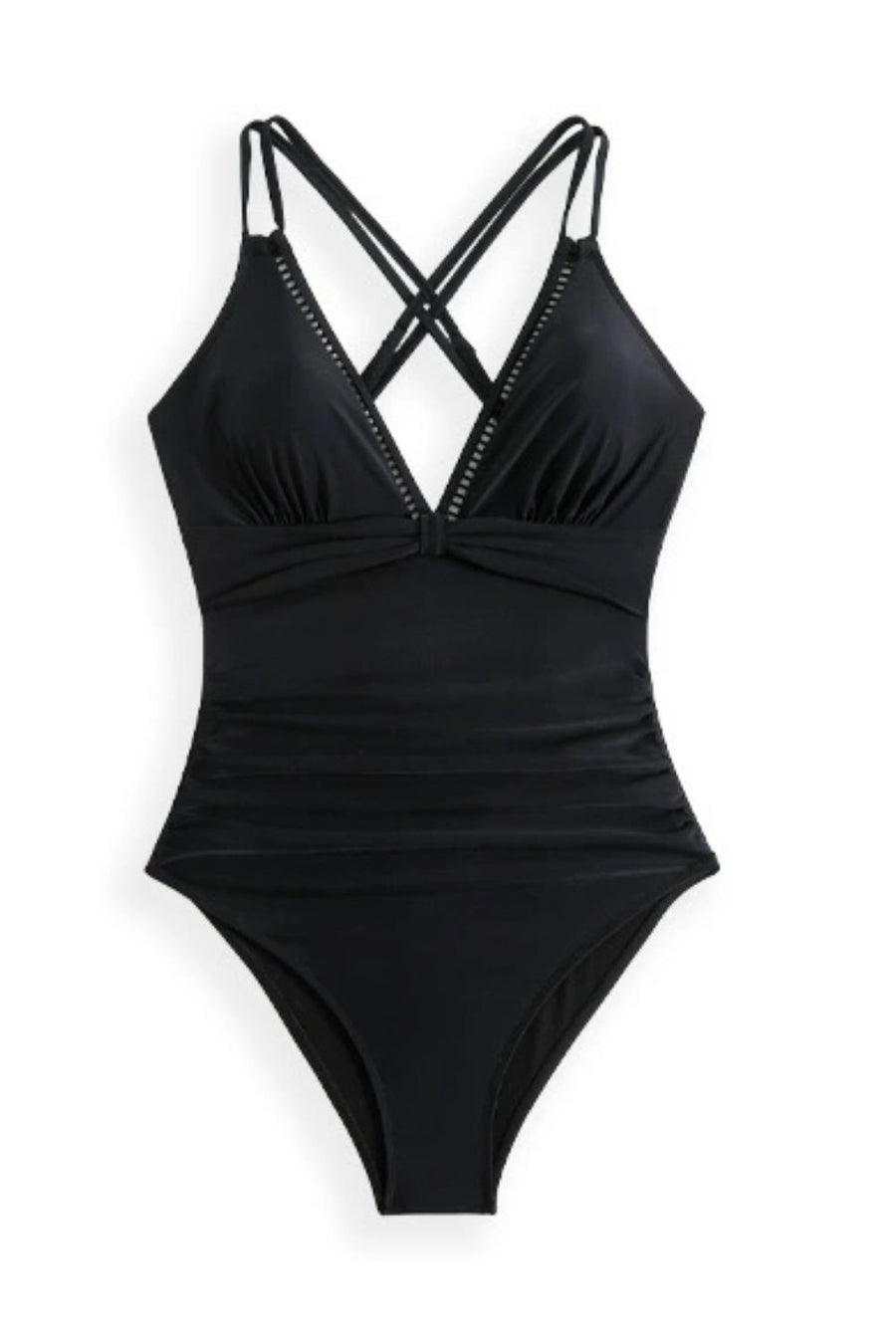 Black ruched halterneck swimsuit with crisscross straps and cutout detail