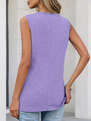 Purple gathered pleat V-neck tank top with a seam down the back.