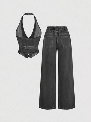 Gray with Halter Neck Denim Vest And Wide-leg Jeans Set in Gray