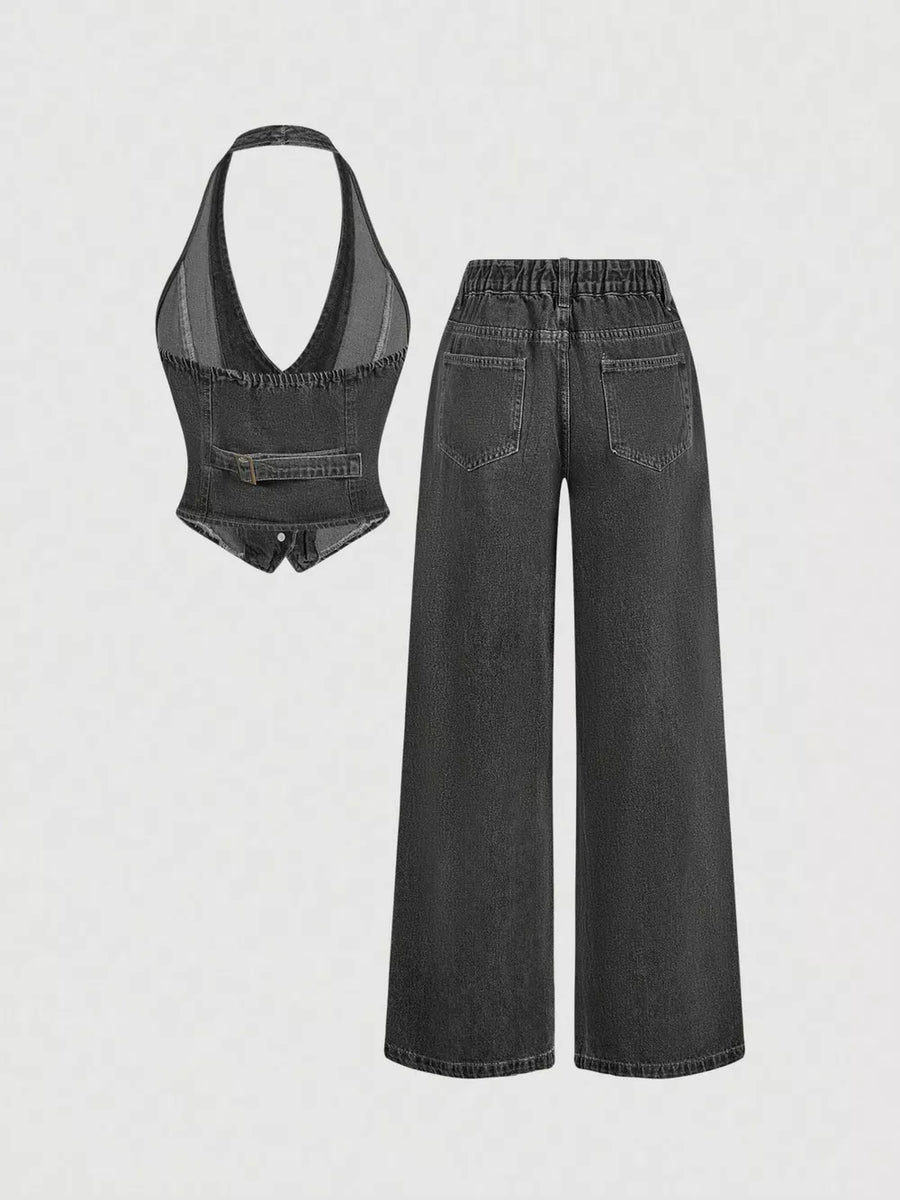 Gray with Halter Neck Denim Vest And Wide-leg Jeans Set in Gray