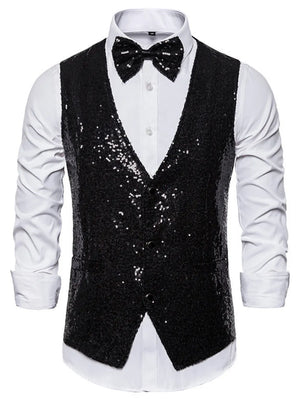 Black sequin slim-fit men's vest with button front and matching bow tie.