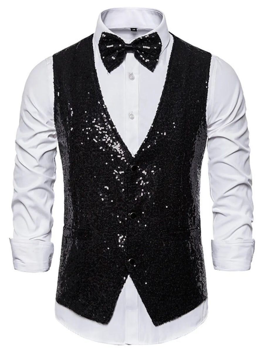 Black sequin slim-fit men's vest with button front and matching bow tie.