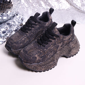 Black rhinestone high-heel platform sneakers with chunky soles and black laces.