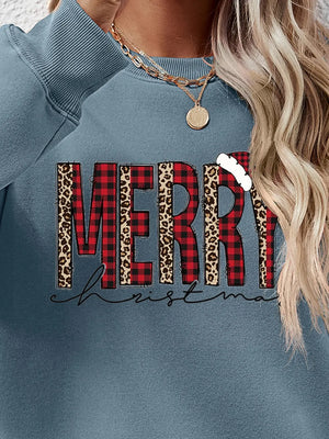 French Blue sweatshirt with "Merry Christmas" graphic in buffalo plaid and leopard print.
