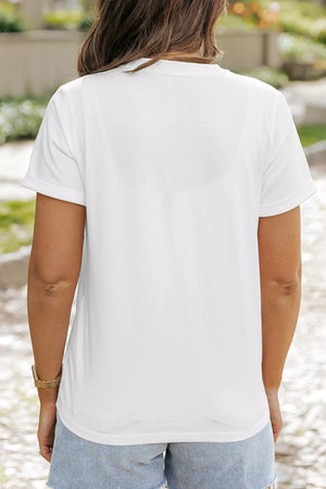 White short sleeve maternity t-shirt with cuffed sleeves and a crew neck.
