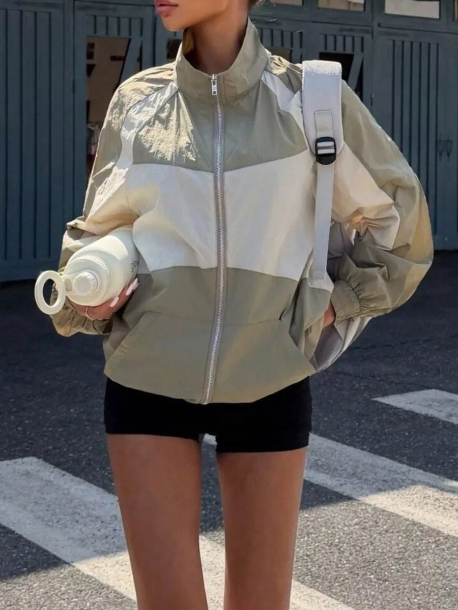 Color Block Zip-up Jacket in white with pocketed