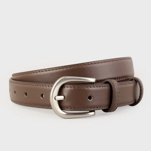 Brown cowhide leather belt with sleek silver buckle
