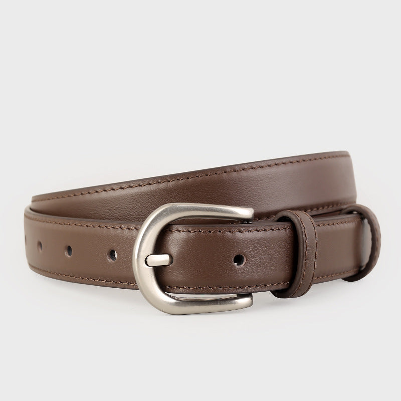 Brown cowhide leather belt with sleek silver buckle