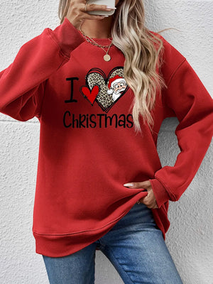 Deep Red crewneck sweatshirt with festive heart graphic and Santa Claus detail.