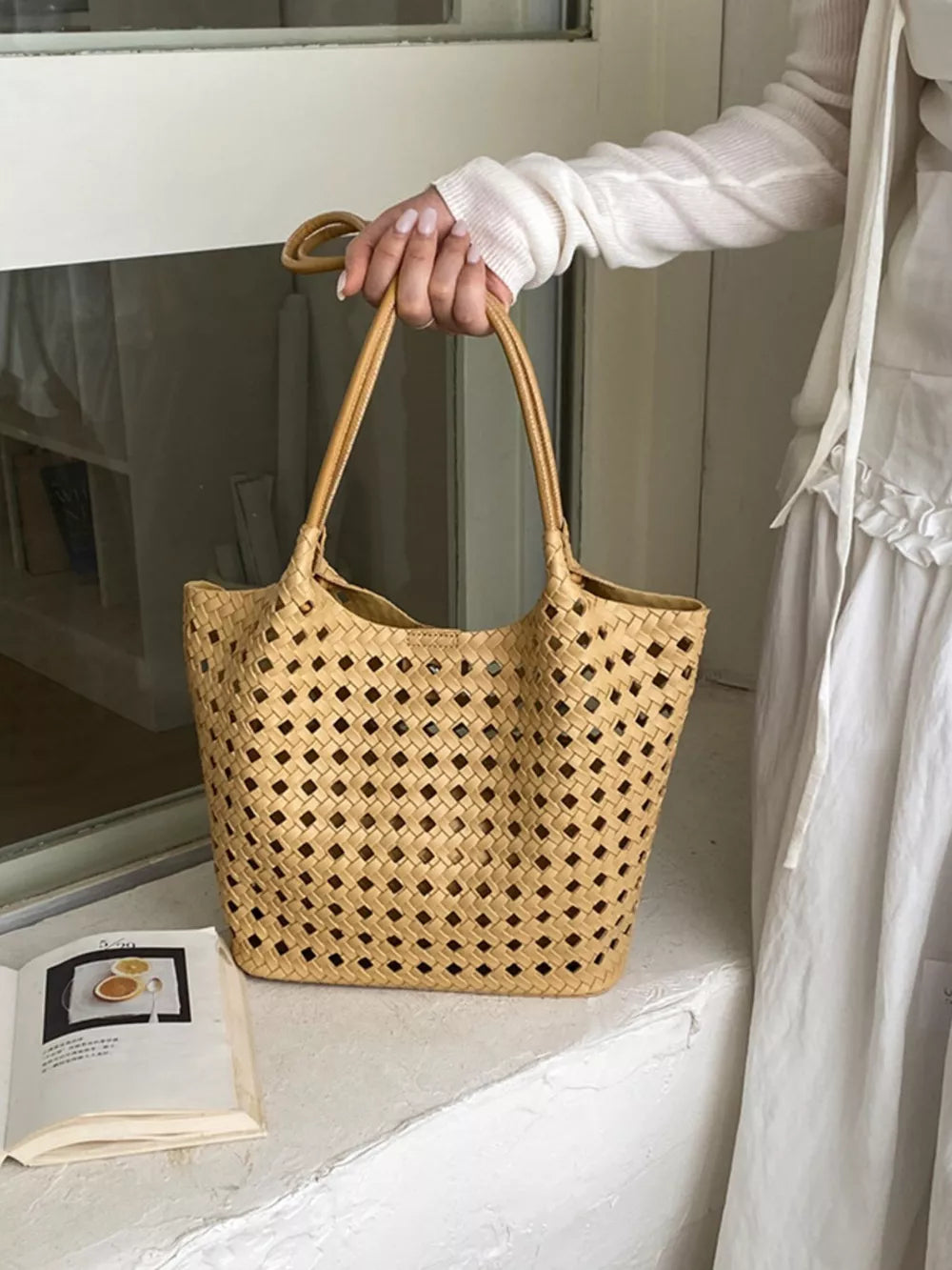 shoulder bag featuring woven in Black with PU Leather Imported Size &amp texture