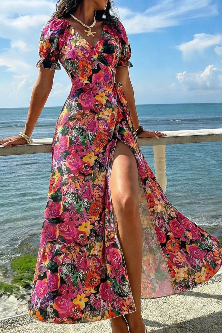 Floral with Slit Floral Short Sleeve Maxi Dress
