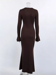 Brown bodycon dress with split and bell sleeve