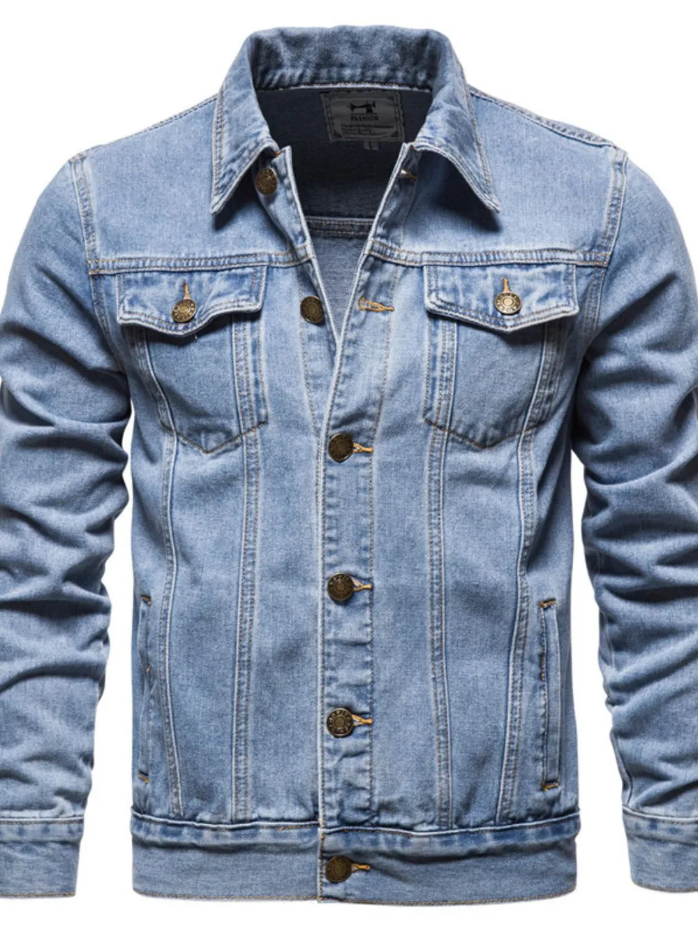 Light wash denim trucker jacket with classic fit, button front, and chest pockets.