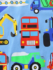 Toddler t-shirt with cartoon vehicles including excavator, bus, dump truck, and airplane on blue.