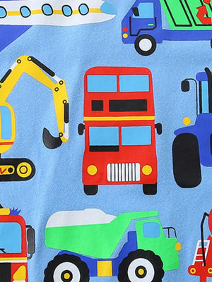 Toddler t-shirt with cartoon vehicles including excavator, bus, dump truck, and airplane on blue.