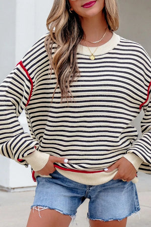 Stripe Ribbed Trim Drop Shoulder Oversized Sweater option 6