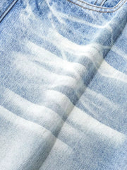 Light blue relaxed fit denim capris with a distressed wash and cotton fabric.