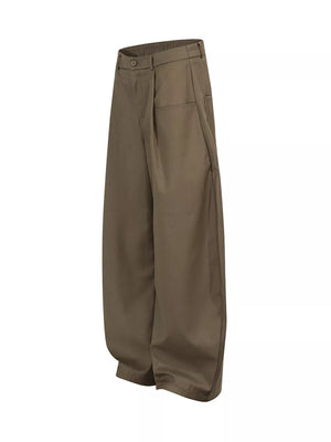 Brown pleated front wide-leg trousers with adjustable waist and button closure.