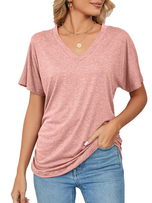 Pink relaxed V-neck short sleeve t-shirt with draping detail