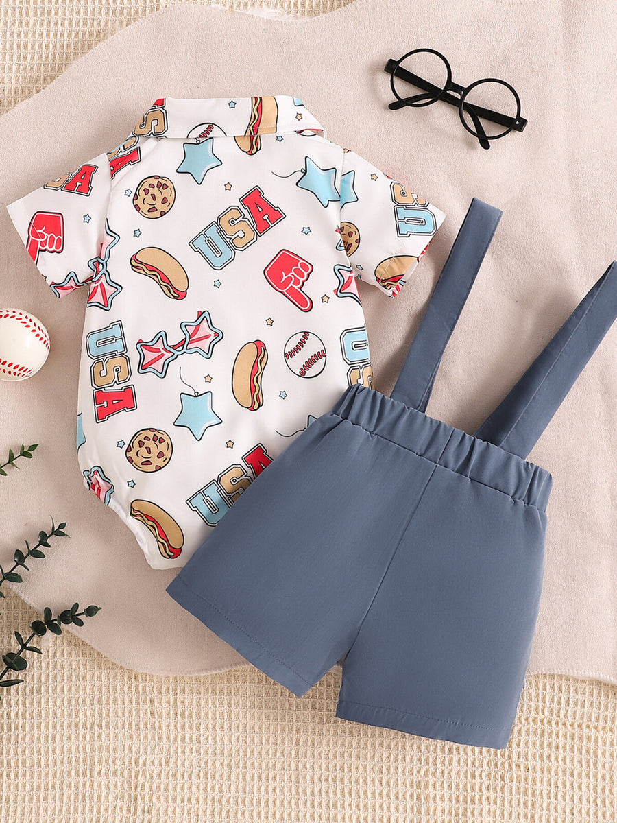 Baby bodysuit and suspender shorts set in navy with USA print, hot dogs, baseballs, and stars.