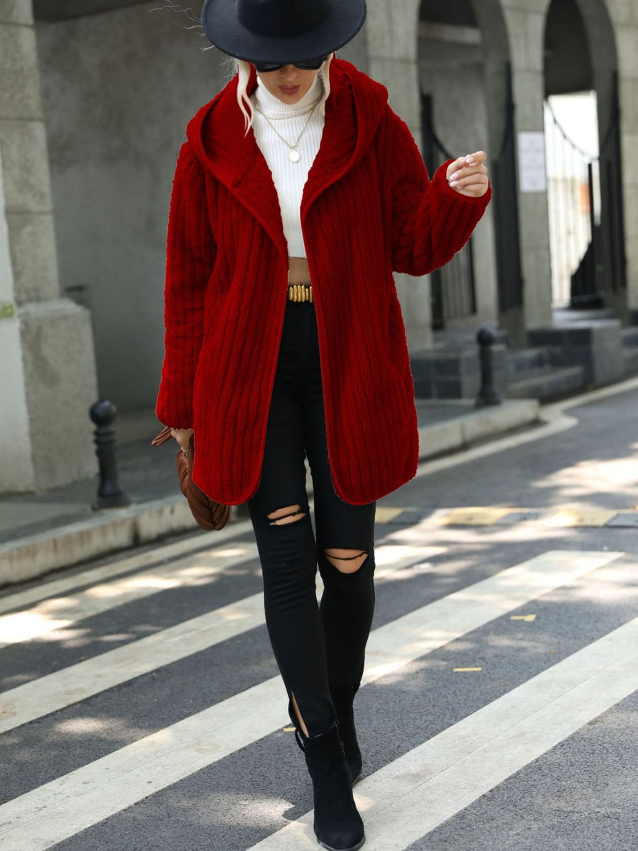 Textured teddy hooded open coat in wine with ribbed detail, open front and relaxed fit.