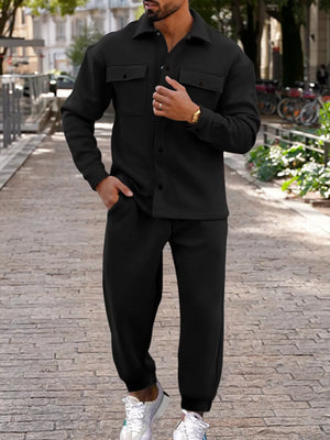 Men's Long-sleeve Shirt And Joggers Set Plus Size in Sapphire Blue with pocketed