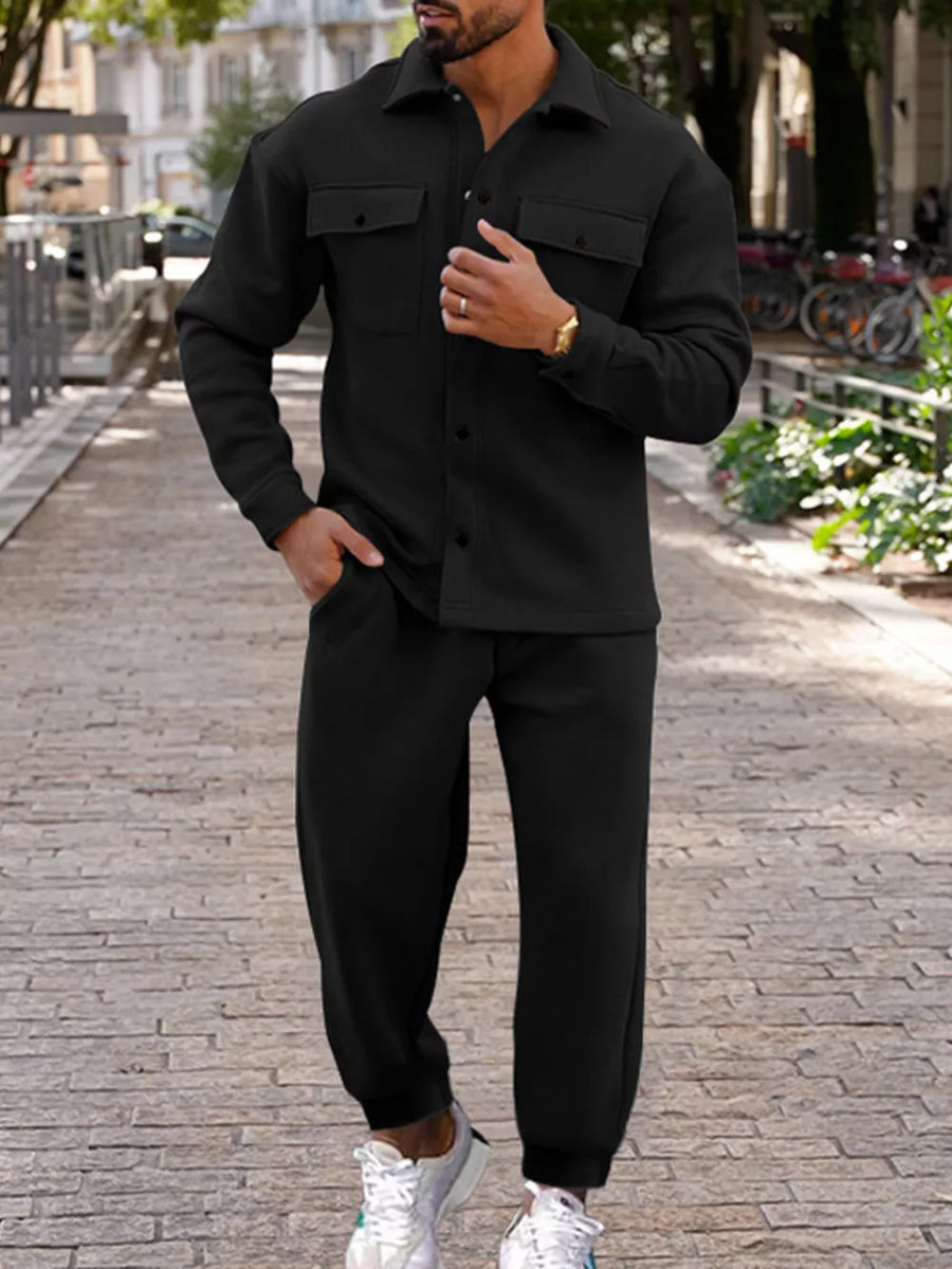 Men's Long-sleeve Shirt And Joggers Set Plus Size in Sapphire Blue with pocketed