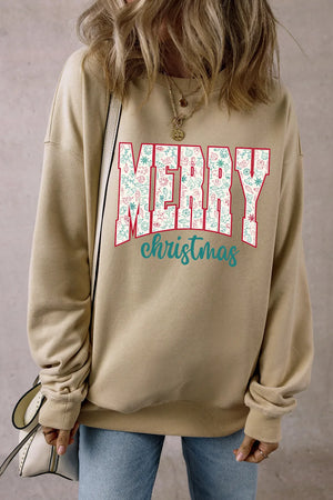 Khaki long sleeve sweatshirt with Merry Christmas graphic and festive holiday icons.