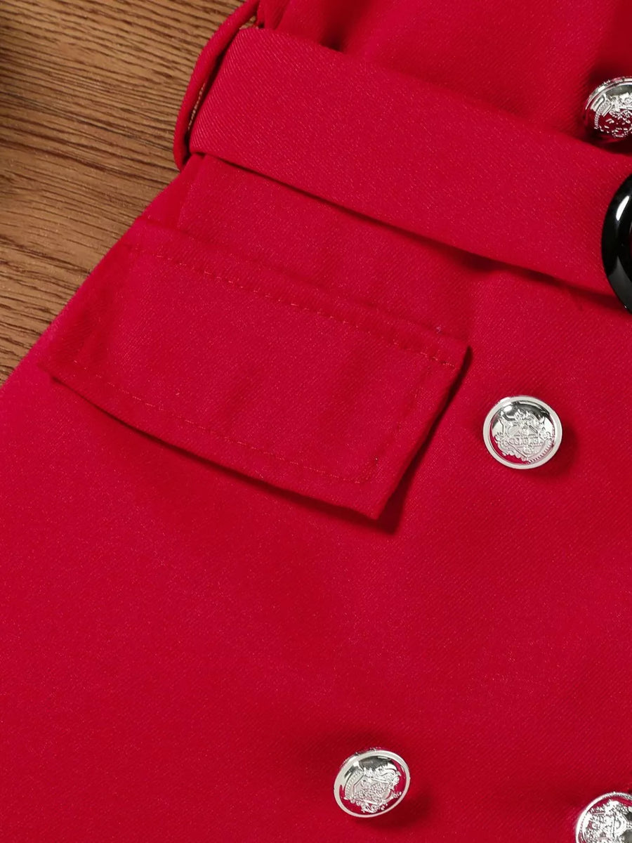 Toddler red double-breasted belted dress with silver buttons and pocket detail.