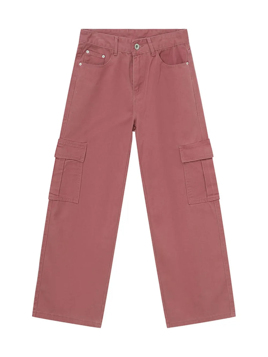 Oversized cargo denim trousers in dusty pink with utility pockets.