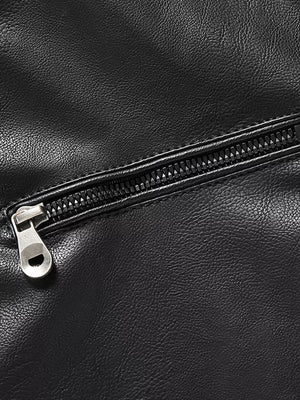 Black faux leather sport jacket detail with silver zipper and pull tab.