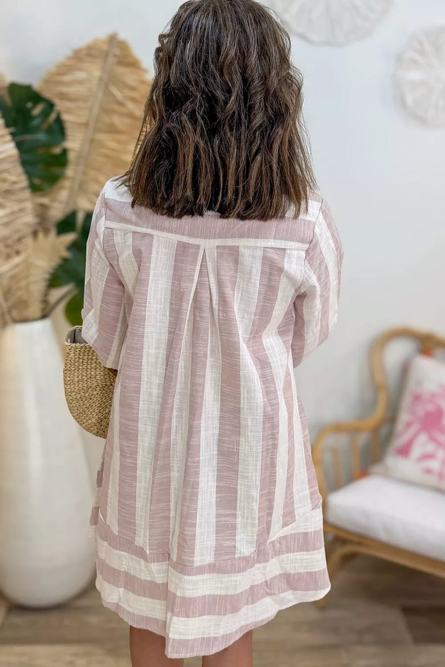 Striped Button-up Three-quarter Sleeve Shift Dress option 5