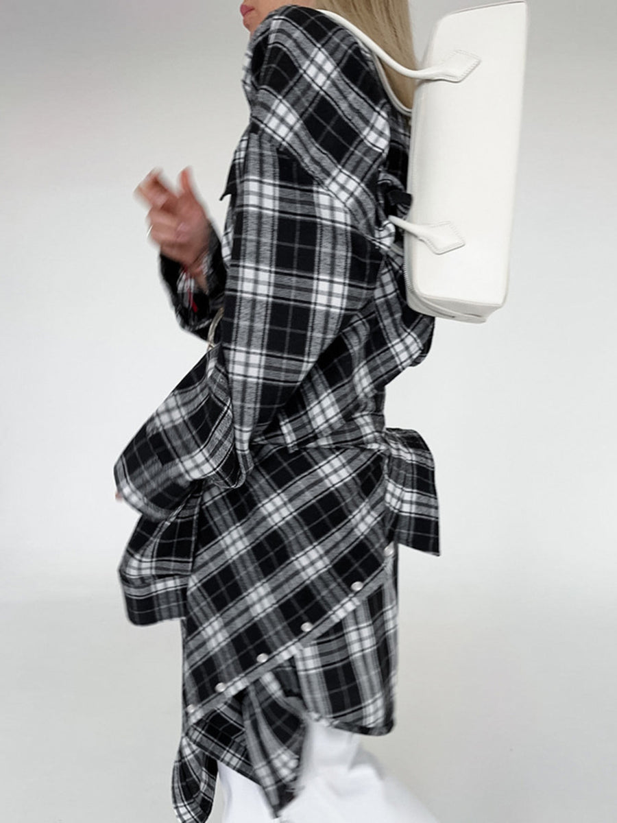 Oversized black and white plaid cotton button-up shirt with a collar.