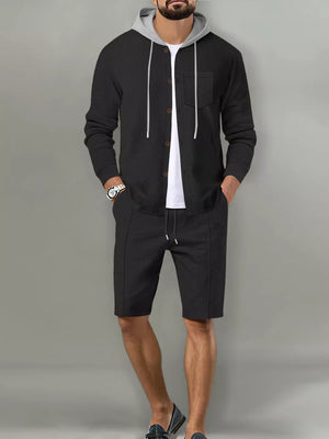 Men's Casual Hooded Button-up Shirt And Shorts Set in White