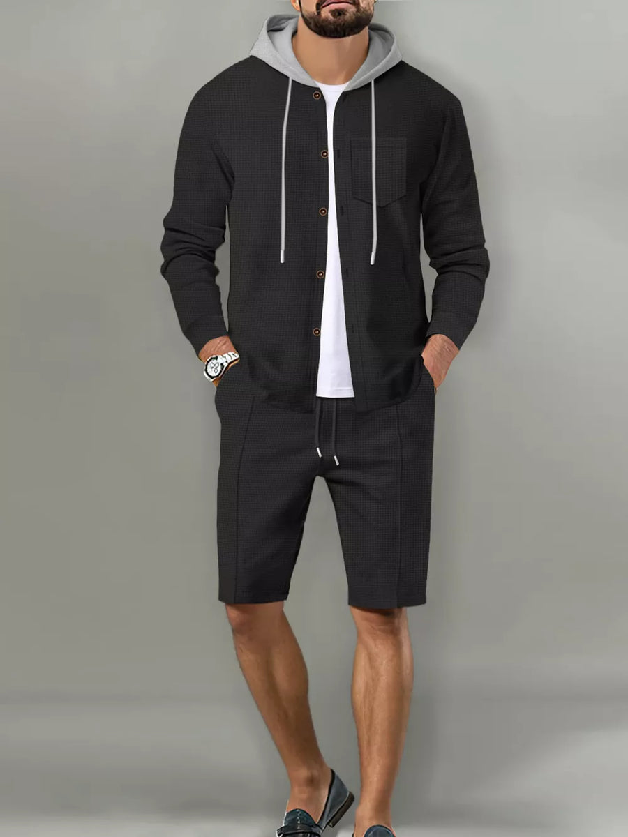Men's Casual Hooded Button-up Shirt And Shorts Set in White