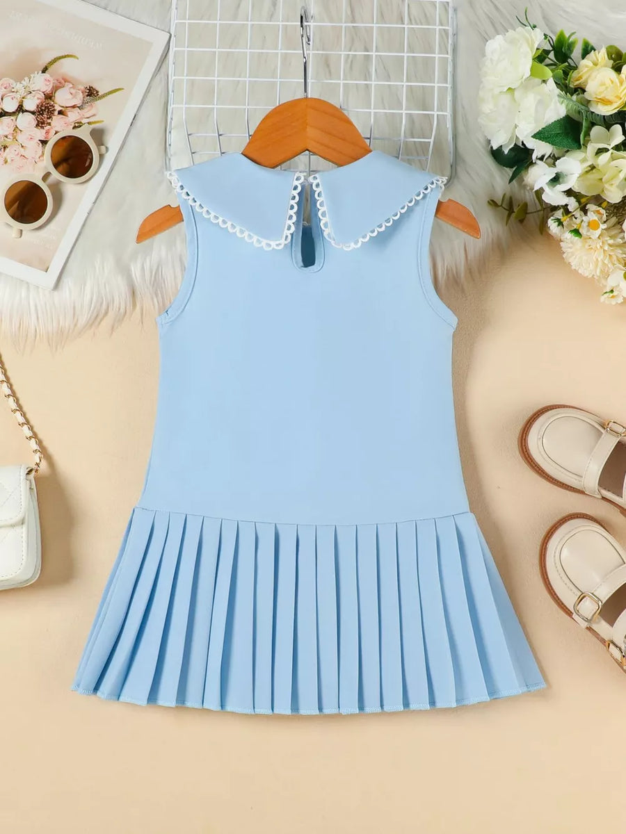 Blue toddler dress with lace collar and pleated skirt