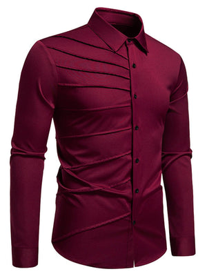 Wine red cotton long sleeve shirt with asymmetrical ruching detail and button front.