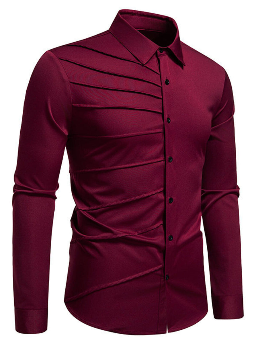 Wine red cotton long sleeve shirt with asymmetrical ruching detail and button front.