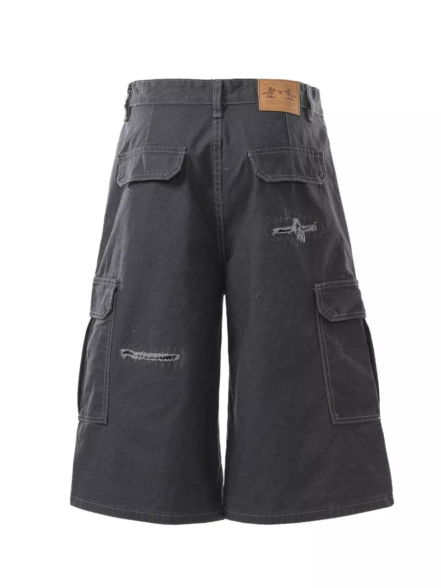 Dark Gray with Men's Distressed Cargo Capris in Dark Gray