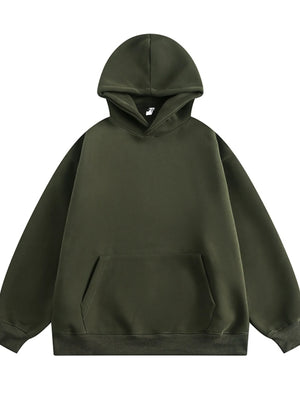 Military green long-sleeve hoodie with front pocket and hood.