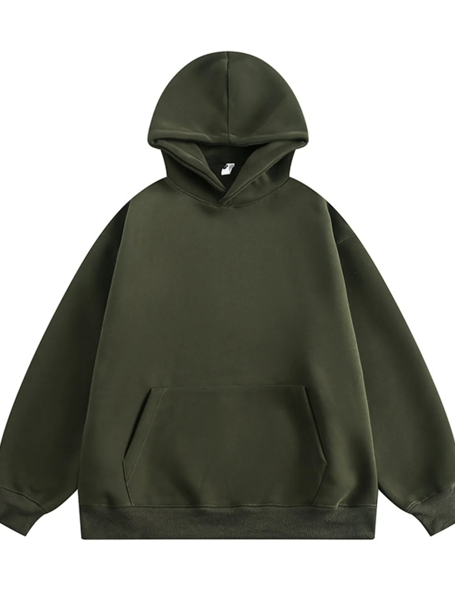 Military green long-sleeve hoodie with front pocket and hood.