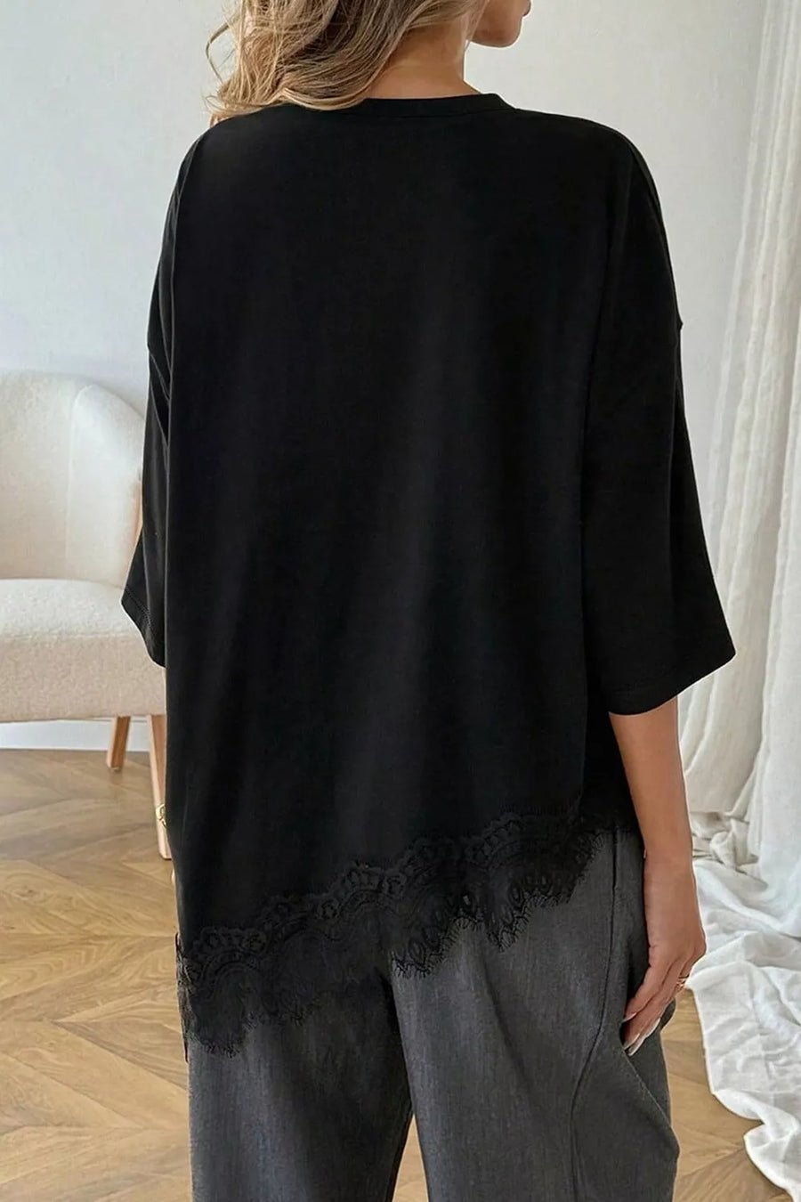 Lace Asymmetrical Hem Round Neck T-shirt option 5
