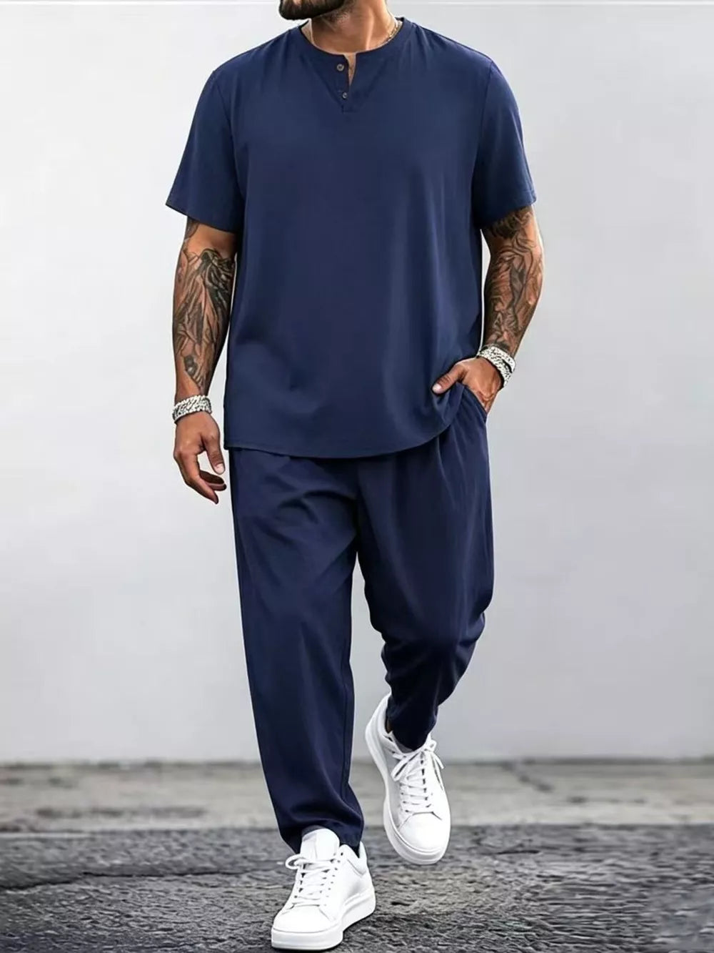 White Men's Plus Size Casual Short Sleeve Top And Pants Set