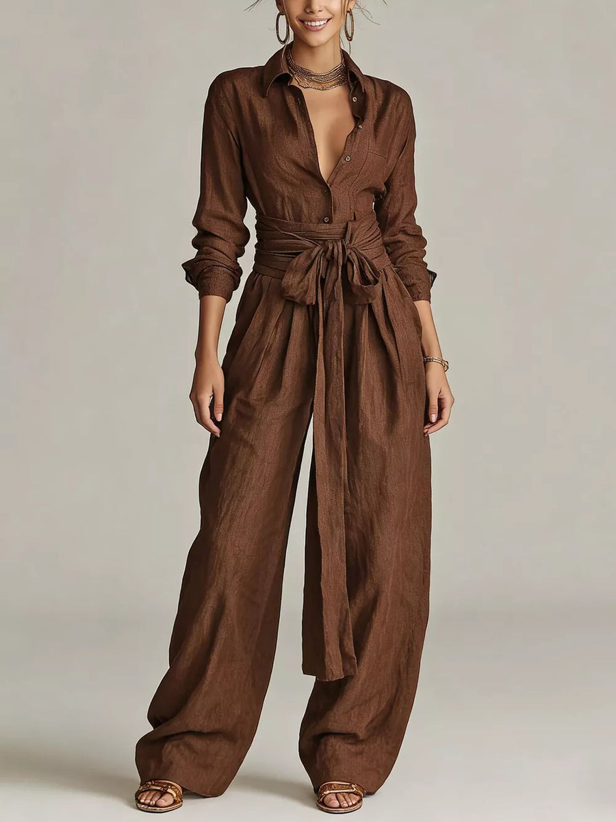 jumpsuit in chocolate brown featuring buttoned and relaxed fit