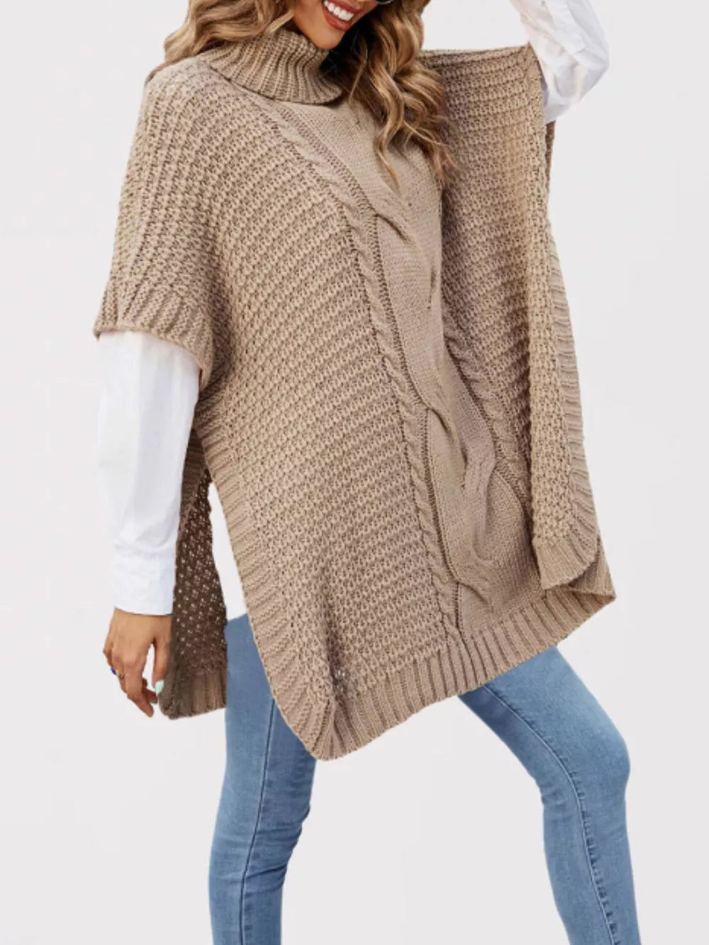 Black turtleneck sweater featuring cable-knit and cable knit