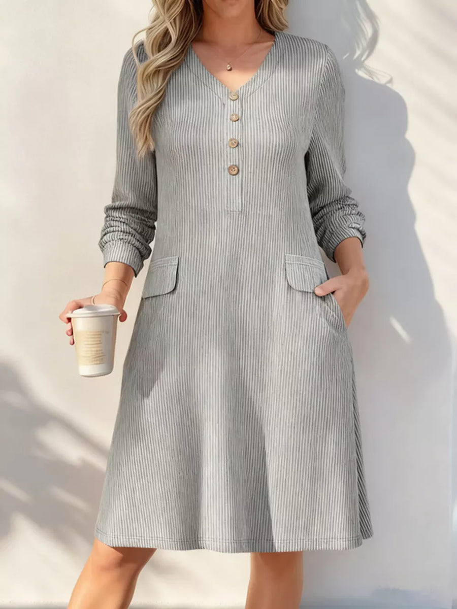 Blue Full Size Ribbed Knit V-neck Dress Plus Size